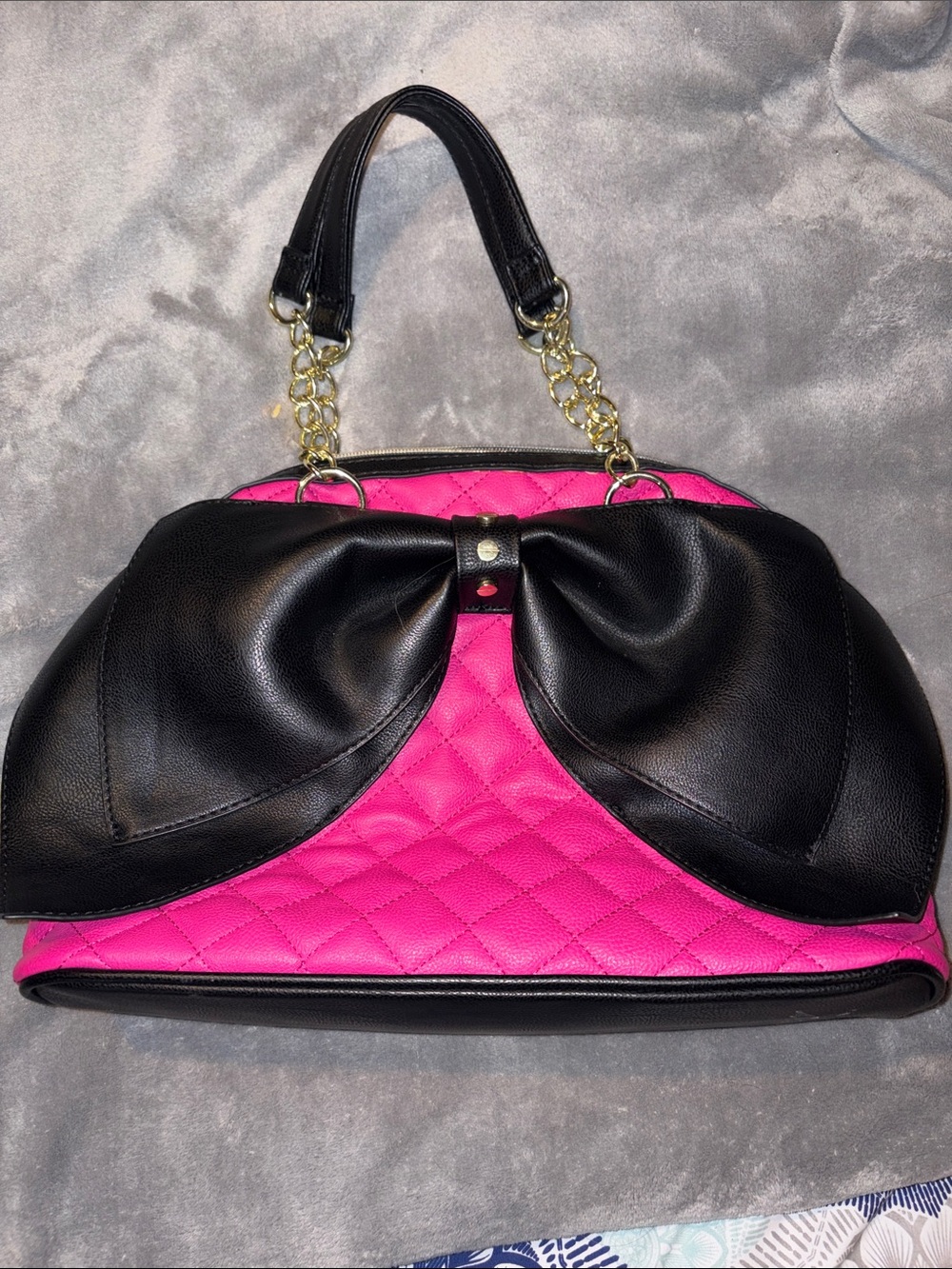 Betsey Johnson Black & Hot Pink Quilted Bow Satchel